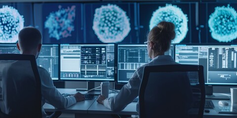 Scientists viewed from the back observing large screens with virus data and structures, representing research