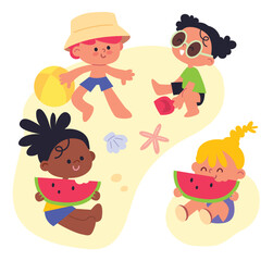 Set, collection. Children kids on summer vacation weekend, relax on the beach sunbathing eating watermelon. Do different activity