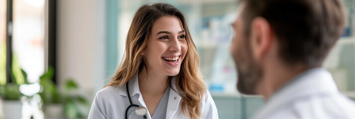 A friendly female doctor is conversing with a male patient, depicting a positive healthcare interaction
