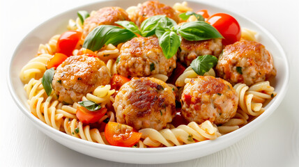 Fototapeta premium Chicken meatballs with vegetable sauce, side dish fusilli, white background, realistic style, professional photo