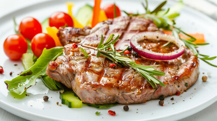 Meat and salad fall in plate, backgroud white