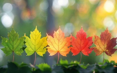 A progression of maple leaves transitioning from green to red.
