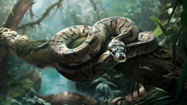 Coiled Python Resting on Lush Forested Branch