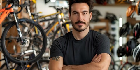 Fototapeta premium Man standing in a bike shop with crossed arms against a white background. Concept Bike Shop, Standing Pose, Crossed Arms, White Background, Men's Fashion