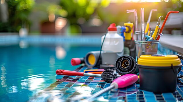 Detailed view of swimming pool maintenance tools and water test equipment.