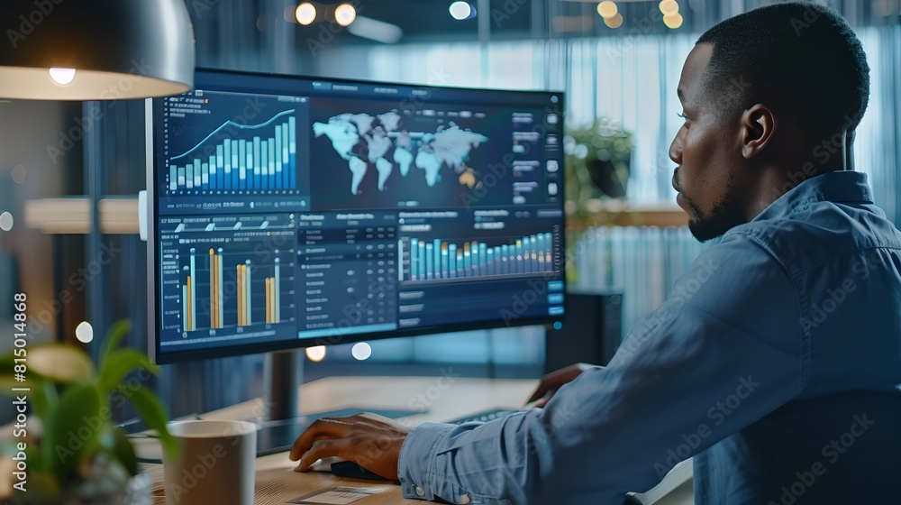 Poster focused professional analyzing data on computer screens. financial expert in office setting. modern 