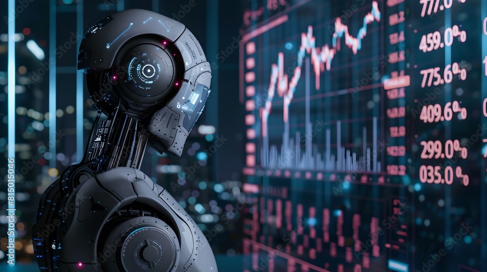 Aufkleber futuristic ai robot analyzing financial data on screens. technology and market trends concept with i