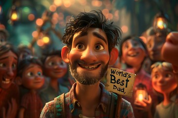 Amidst a sea of faces, a father's smile shines bright as he holds up a sign proclaiming "World's Best Dad," a beacon of love in a world of noise.
