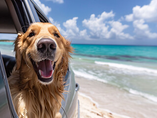A Golden Retriever dog leaned out of the car window. AI created.