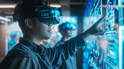 Asia man wearing casual outfit working with VR glasses virtual headset to analyze with media screen panel