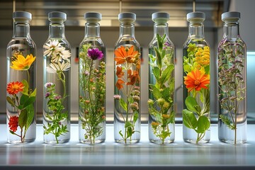 Digital artwork of  row of herb bottles with natural plants in them