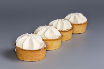 Small fruit tarts with custard top on a gray background