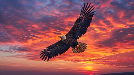 Eagle soaring high with prey against a vibrant sunset sky.