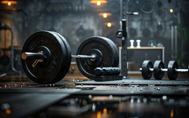 Barbell and weights in moody gym lighting.