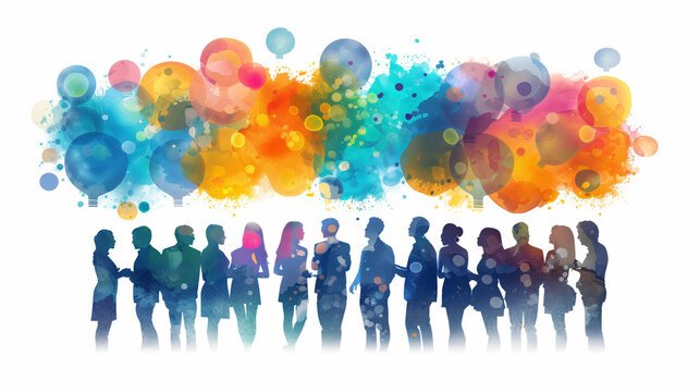 creative team is deeply engaged in conversation, with abstract bubbles floating above them, symbolizing the exchange and sharing of innovative ideas