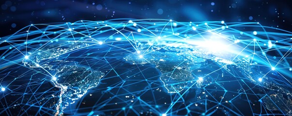 Global network front view close up of a digital earth map with network lines connecting continents to depict worldwide communication futuristic