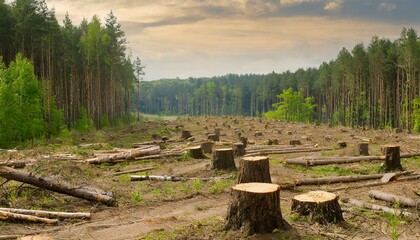 felled forest, stumps, deforestation problem