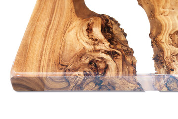 Live edge elm burl slab table top with central epoxy resin river on white background, combining...