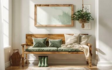 Cozy wooden bench with cushions, green boots, plant, and framed art in a serene, light-filled entryway.