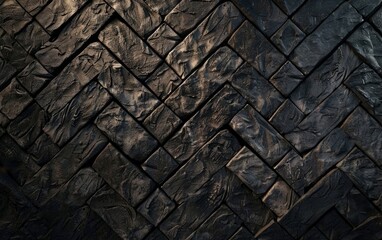 Dark, textured brick wall in an intricate herringbone pattern.