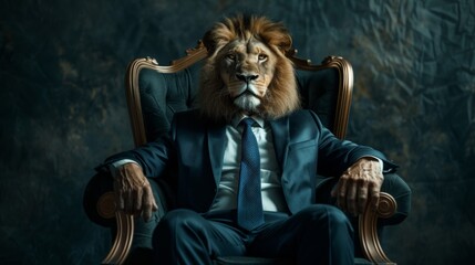 Regal lion with a human body dressed in a sharp business suit sitting authoritatively in an ornate chair