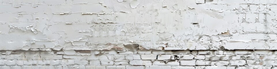 Close up of white brick wall with peeling paint in monochrome
