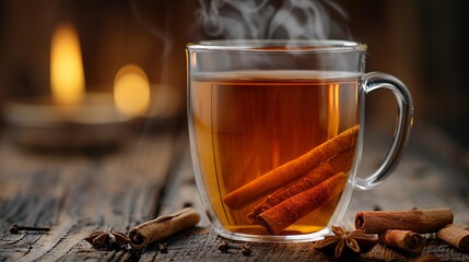 Elevated view of a steaming transparent mug with cinnamon on a coarse gray backdrop.