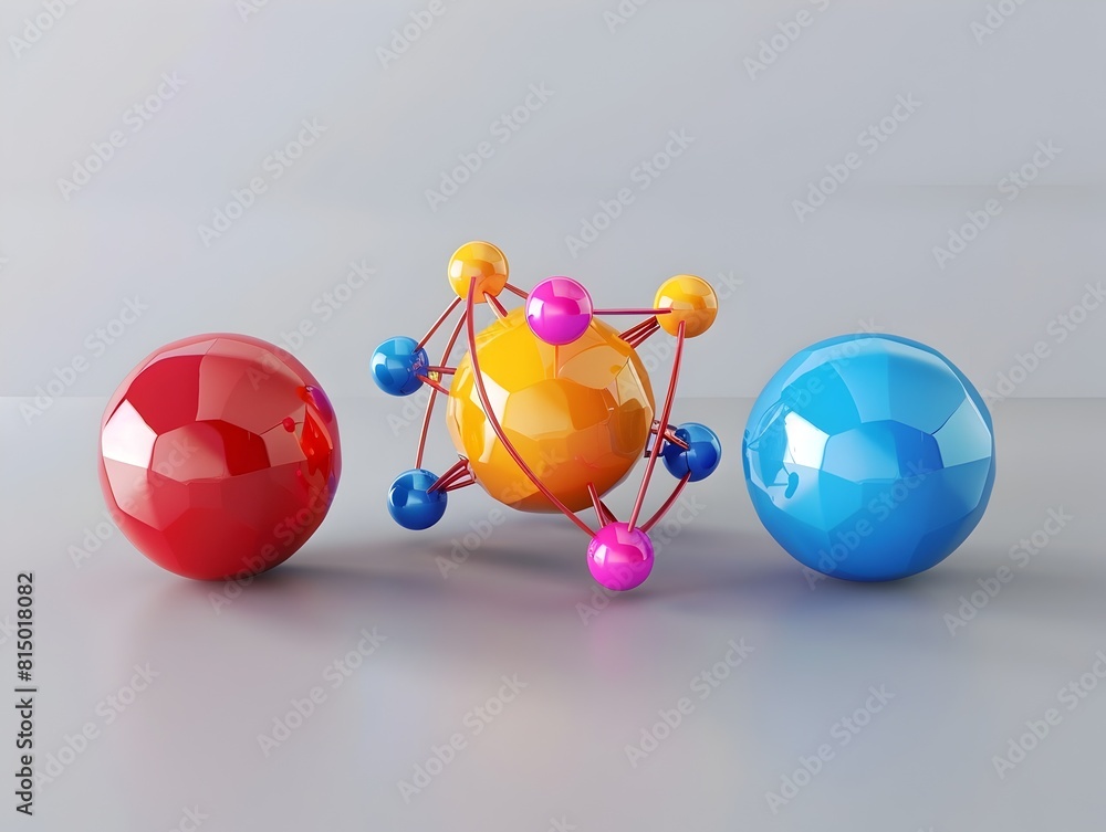 Poster infographic comparing atomic nuclei properties in 3d rendering