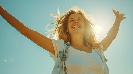 A young woman in love, joyful, happy, enjoying herself, wearing a white T-shirt with her arms raised to the sky