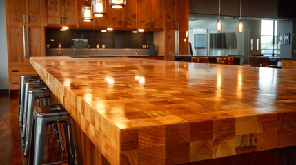 Detail shot of a butcher block countertop on a kitchen island in a Modern Craftsman home. Over the island, there are several