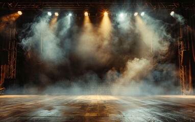 Empty stage with dramatic lighting and smoke, ready for a performance.