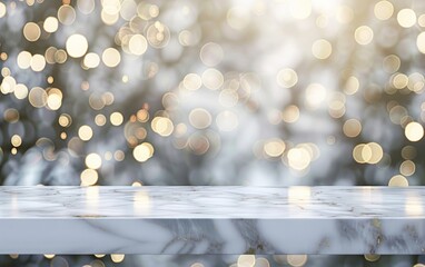 Empty white marble shelf with blurred bokeh lights background.