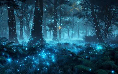 Enchanted misty forest with glowing blue lights and ethereal ambiance.