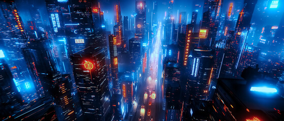 Obraz premium Banner drone view perspecticve night time main street in the city in sci-fi tone , 3d illustration