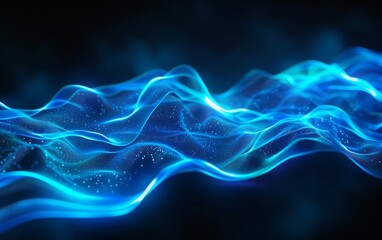 Flowing digital landscape of blue neon light waves on dark background.