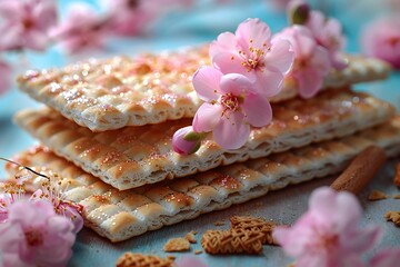 Crispy crackers with sakura flowers on wooden table, closeup