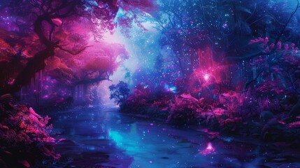 Abstract landscape. Colorful art fantasy landscape with a forest and glowing lights. Background illustration. Digital art image. hyper realistic 
