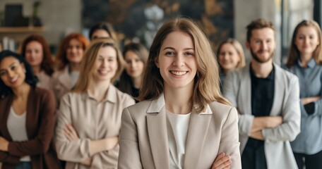 Fototapeta premium Portrait of a smiling young businesswoman in a modern office environment, confidently standing in front of her diverse team of professionals blurred in the background