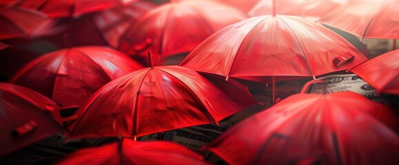 Red Umbrellas Cover Banknotes, Symbolizing Financial Protection And Security,High Resolution