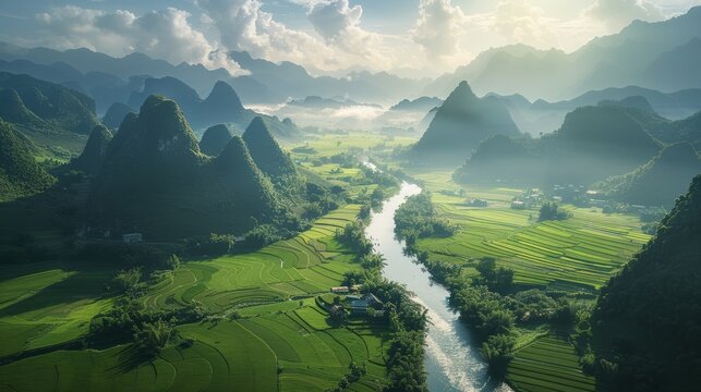 aerial landscape in phong nam valley an extreme scenery landscape at cao bang province vietnam with river nature green rice fields hyper realistic 