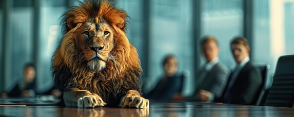 A majestic lion sitting confidently at the head of a modern boardroom table, surrounded by attentive business executives in a sleek office setting