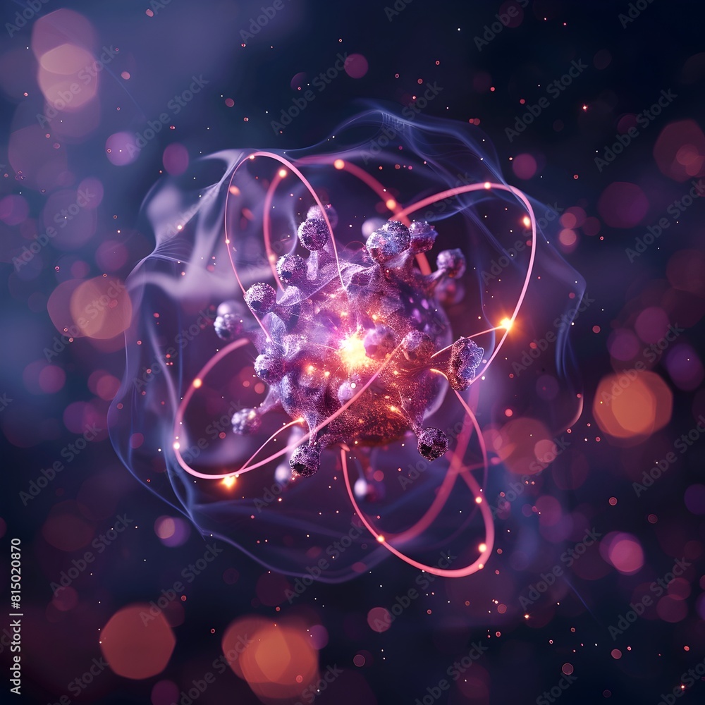 Poster vivid atomic visualization highlighting electron dynamics and physiological processes