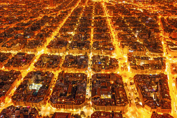 View of residential areas of Barcelona at night. City from a bird eye view