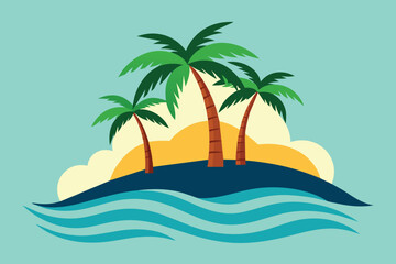 Palm tree island and waves, paradise graphics vector