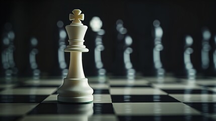 High contrast lighting highlights a solitary white king against dark opponents.