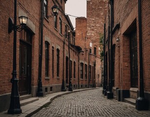 A historic street with old-fashioned street lamps and brick buildings.