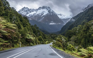 Open road flanked by lush forests and majestic snow-capped mountains.