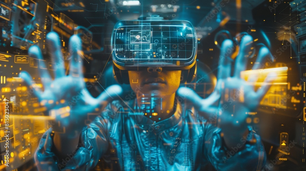 Poster virtual reality miner engulfed in digital data, showcasing advanced mining technology