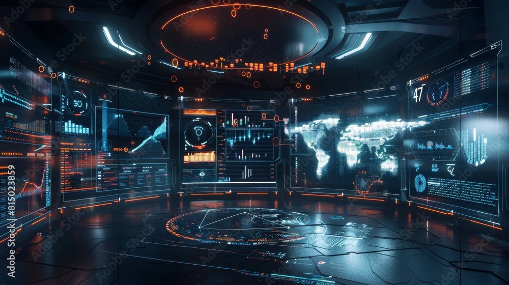 Poster hightech virtual reality command center with interactive holographic displays