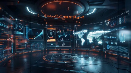 Hightech virtual reality command center with interactive holographic displays